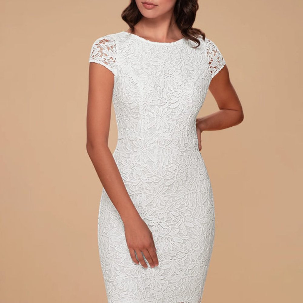 Azazie white dress: HEAVENLY KISS WHITE LACE DRESS